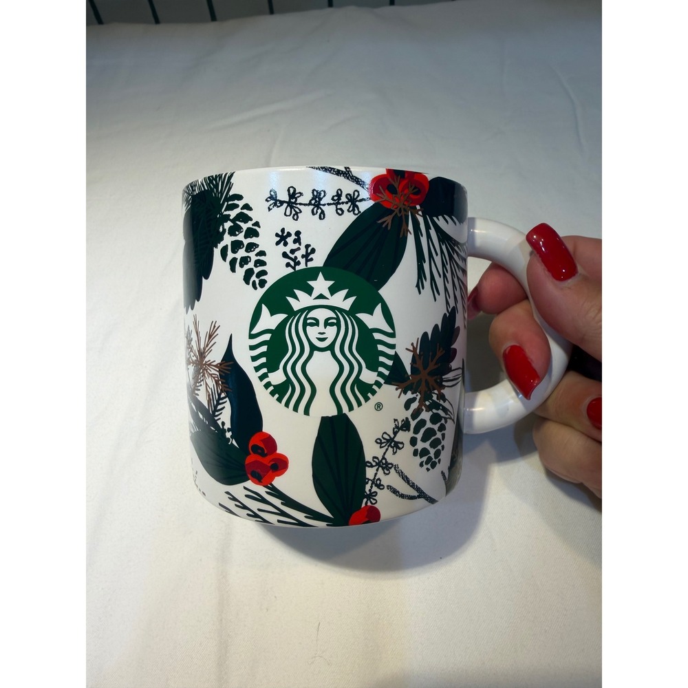 Starbucks 2021 Holiday Coffee Mug 12oz White Pinecone Holly Berry Siren Logo